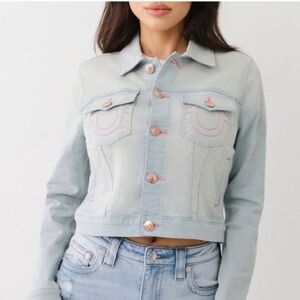 True Religion Jesse Slim Crop Light Blue  Denim Jacket Rose Gold Buttons